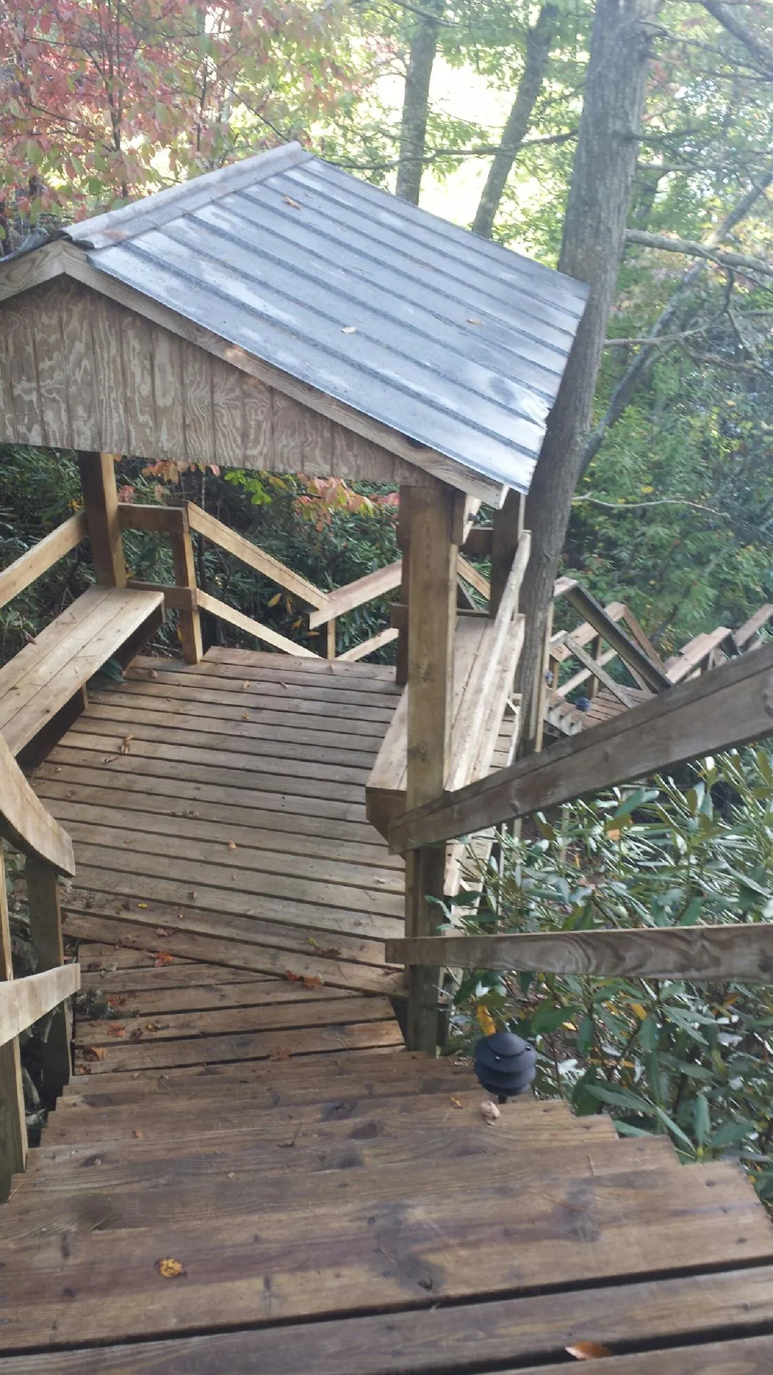 Metal roofed shelter over wooden steps on a wooded walkway — Skylight Repair & Installation work by our crew in Weogufka